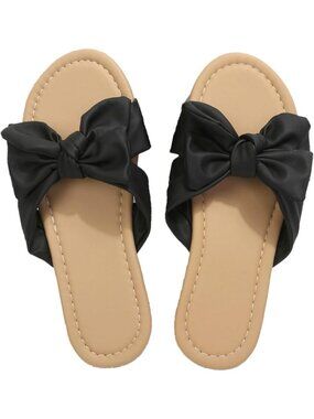 Women's Black Bow Knot Slip On Flat Open Toe Slides Beach Slippers